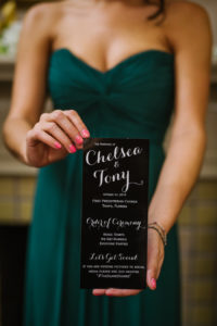 Elegant Emerald Bridesmaid Dress and Black and White Wedding Program