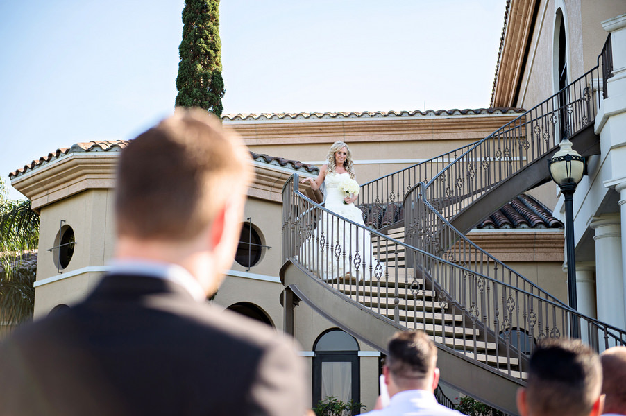 Bride Grande Entrance Walking Down Staircase at Wedding Ceremony |Sarasota Outdoor Wedding Venue Lakewood Ranch Golf and Country Club