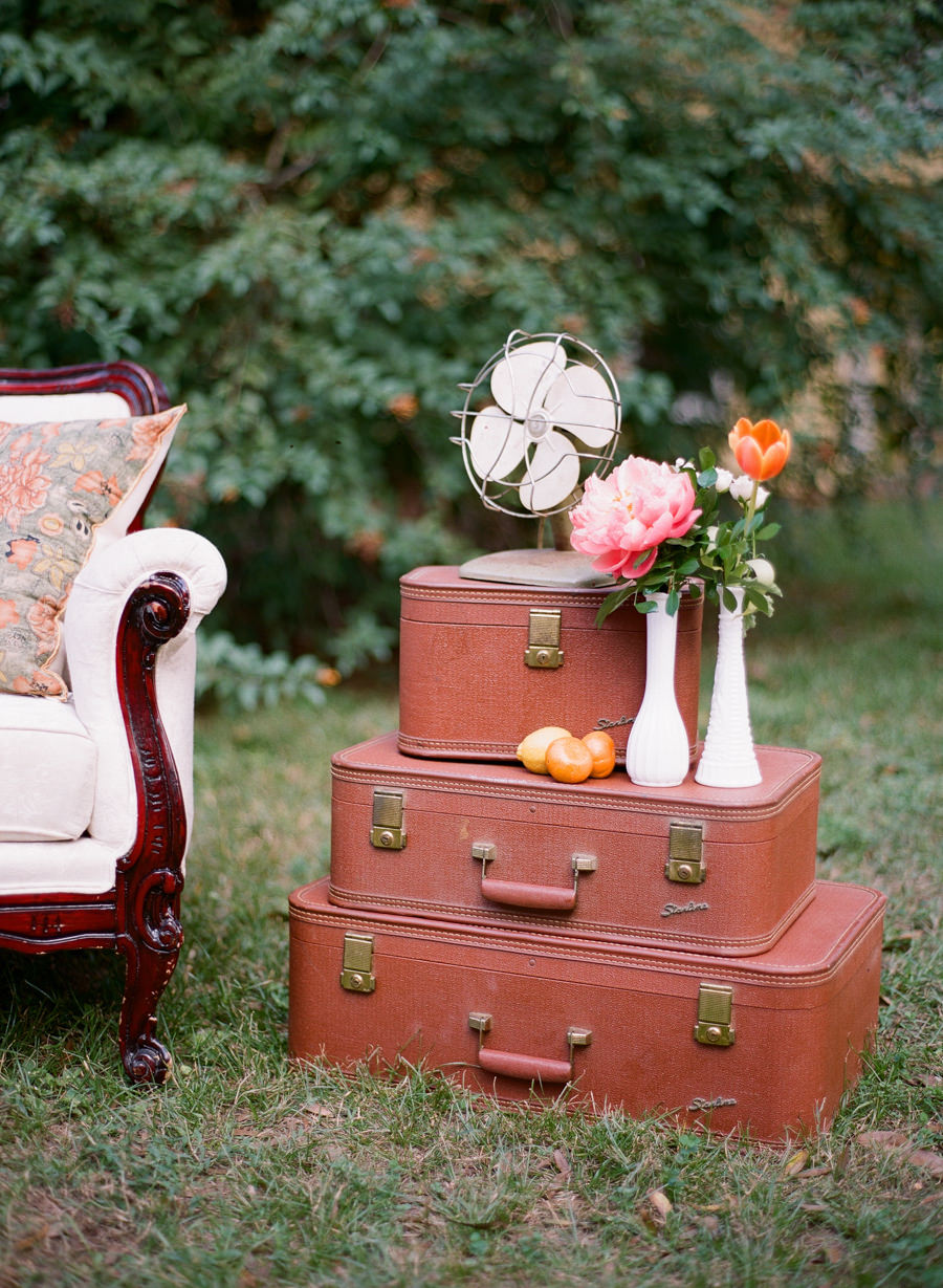 Outdoor Wedding Lounge with Vintage Suitcase Luggage | Tampa Bay Rentals by Tufted Vintage Rentals