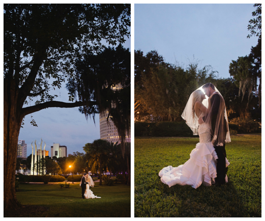 Outdoor, Downtown Tampa Bride and Groom Wedding Portrait with Wedding Veil | Tampa Wedding Photographer Marc Edwards Photographs