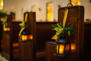 Mini Bronze Lanterns with Green Lillies | Wedding Ceremony Decor
