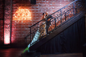 Bride and Groom Wedding Portrait with Exposed Brick Wall Backdrop at Modern, Downtown St. Pete Wedding Venue NOVA 535