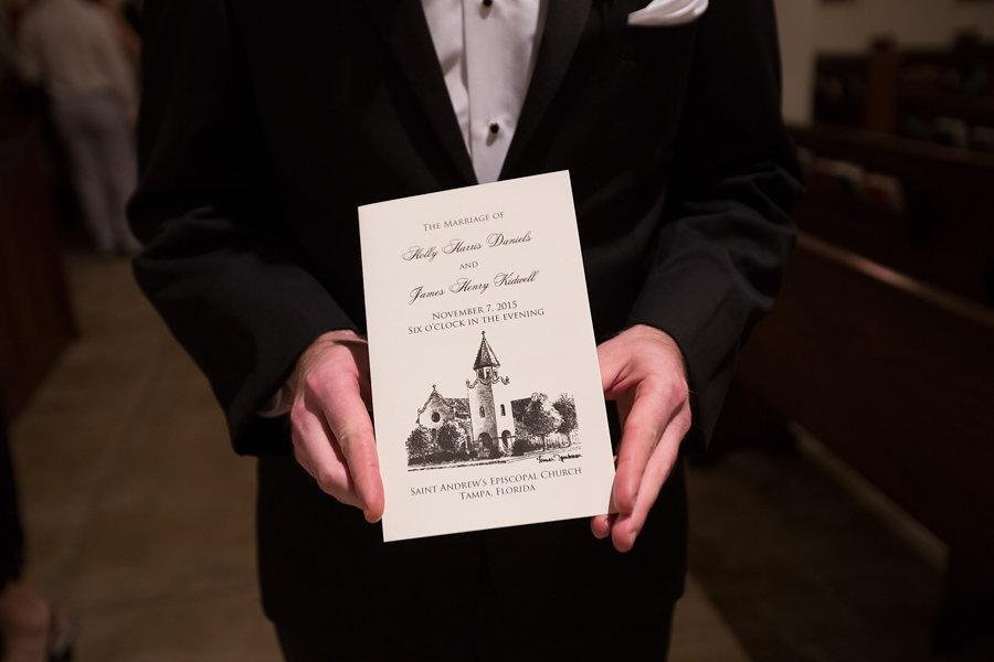 Elegant Black and White Wedding Program with Church Drawing