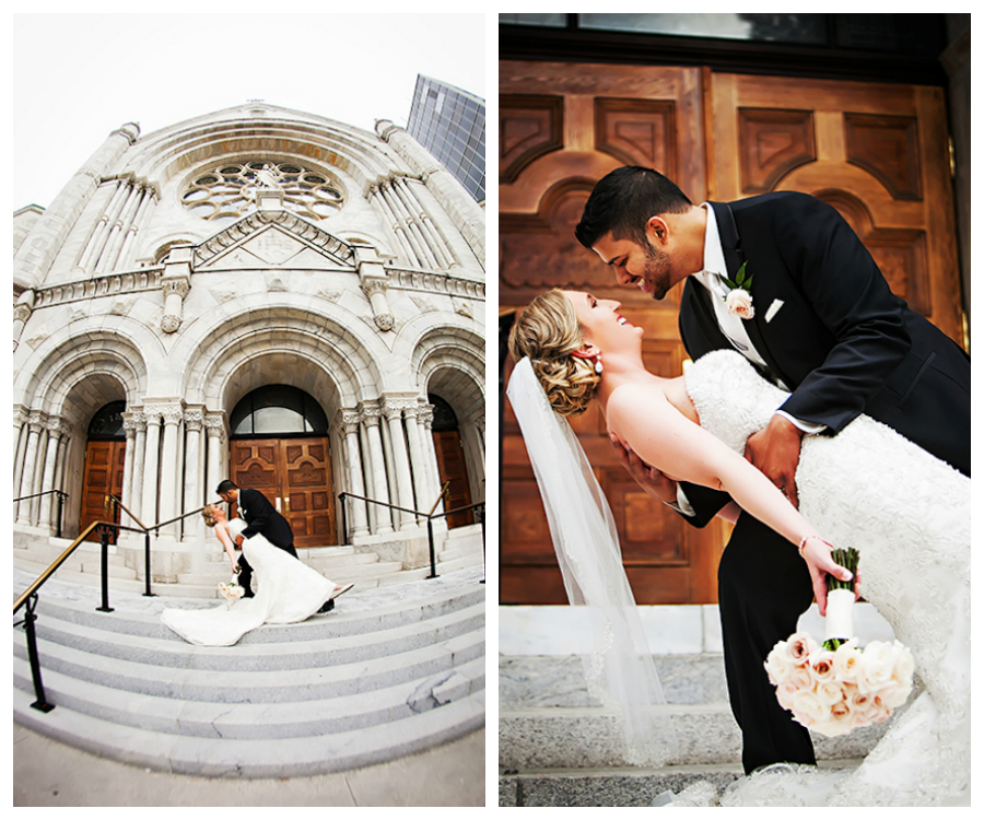 Wedding Portrait of Bride and Groom outside of Sacred Heart Cathedral with Bride in Strapless Wedding Gown with Blush Pink Rose Bouquet| St. Pete Wedding Photographer Limelight Photography