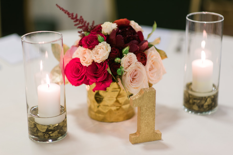 Pink and Red Wedding Centerpiece with Gold Glitter Table Number and Candles