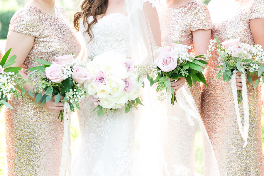 Rose Gold Sequined Badgley Mischka Bridesmaids Dress with Ivory and Soft Pink Wedding Bouquet of Flowers with Roses, Baby's Breath and Greenery