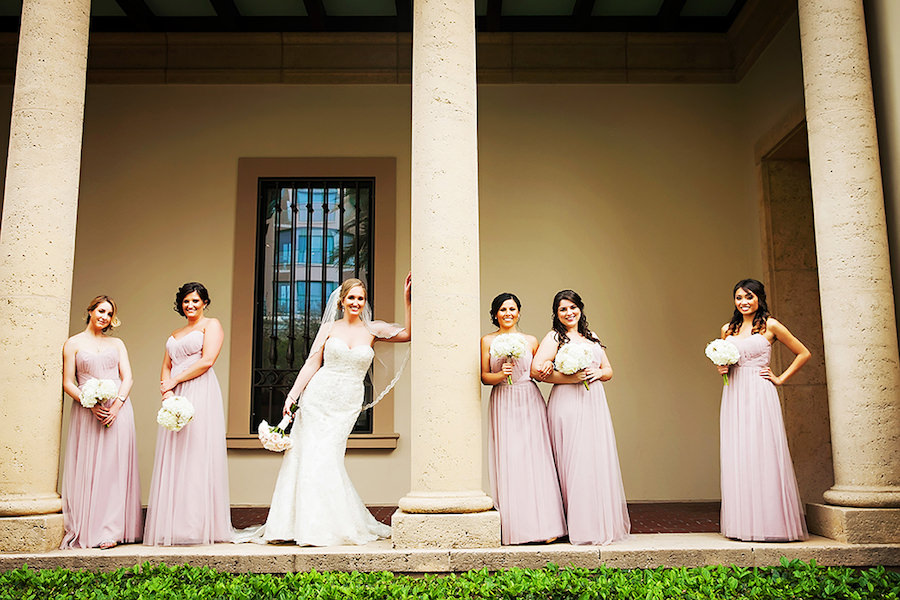 Bridal Party Wedding Day Portrait in Blush Pink Jim Hjelm Bridesmaid Dresses from Bella Bridesmaids with Bride in Strapless Allure Couture Wedding Gown | St. Pete Wedding Photographer Limelight Photography