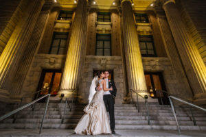 Bride and Groom Wedding Portrait at Downtown Tampa Wedding Venue Le Meridien Hotel | Martina Liana Ivory Satin Wedding Gown