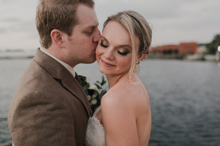 Outdoor, Downtown Tampa Waterfront Bride and Groom Wedding Portrait in Tan Suit and Ivory, Strapless JLM Couture Wedding Dress | Tampa Wedding Makeup Artist Lindsay Does Makeup
