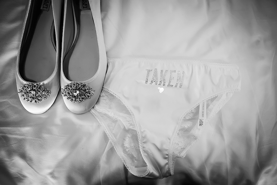 Getting Ready: Bridal Wedding Day Details with Brides Victoria's Secret Underwear and Wedding Closed Toed Flat Shoes with Broach Details| St. Pete Wedding Photographer Limelight Photography