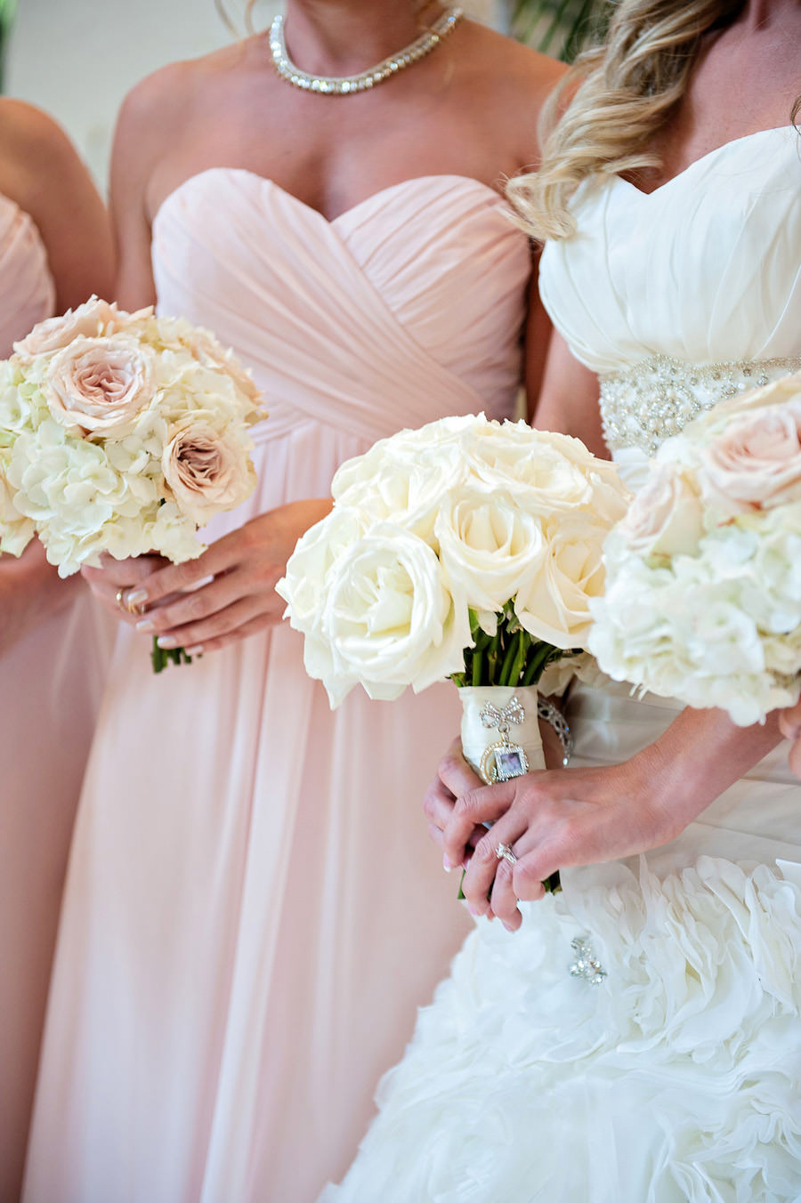 Blush Pink Strapless Bill Levkoff Bridesmaid Dresses and White Sweetheart Jacquelin Exclusive Wedding Dress with Rhinestone Belt and Ruffles with Pink, White and Ivory Rose and Hydrangea Wedding Bouquet