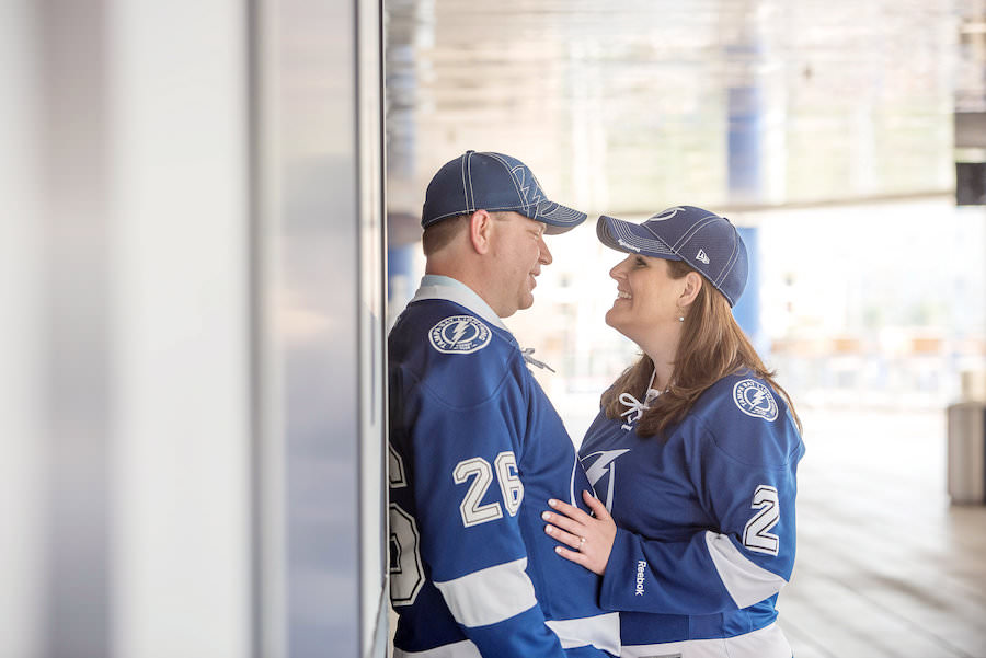 Tampa Lightning Themed Engagement Session at Amalie Arena with Hockey Jerseys | Kristen Marie Photography