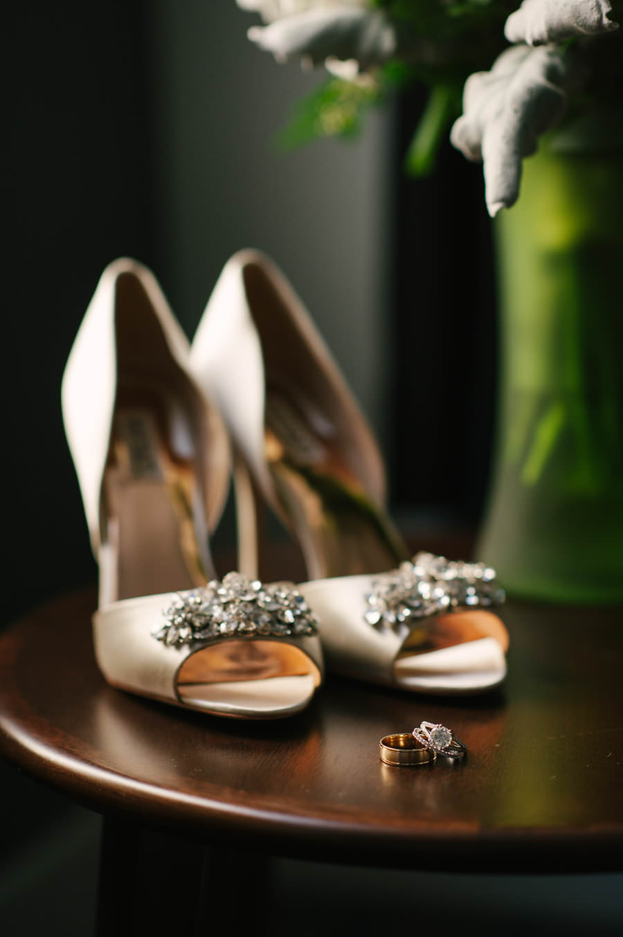 Bridal Champagne Open Toed Wedding Shoes with Rhinestone Brooch and Wedding/Engagement Ring Portrait
