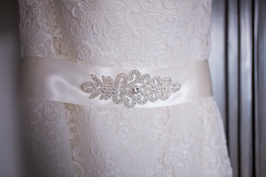 White Lace Wedding Dress with Rhinestone Jeweled Belt Sash