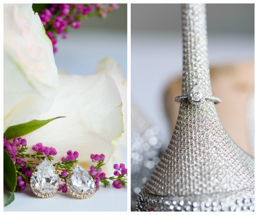 Bridal Jewelry: Diamond Earrings and Engagement Wedding Ring on Rhinestone Bling Shoes