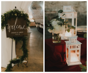 Wedding Reception Wooden Welcome Sign and Lanterns with Ivory Floral Display