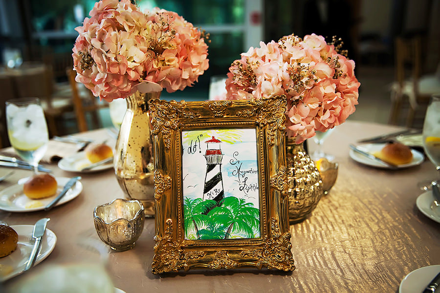 Watercolor Paiting Wedding Centerpieces of Lighthouse with Gold Frames and Gold Tablecloth and Blush Pink Hydrangeas in Light Gold Vases | St. Pete Wedding Florist Iza's Flowers | St. Pete Wedding Photographer Limelight Photography