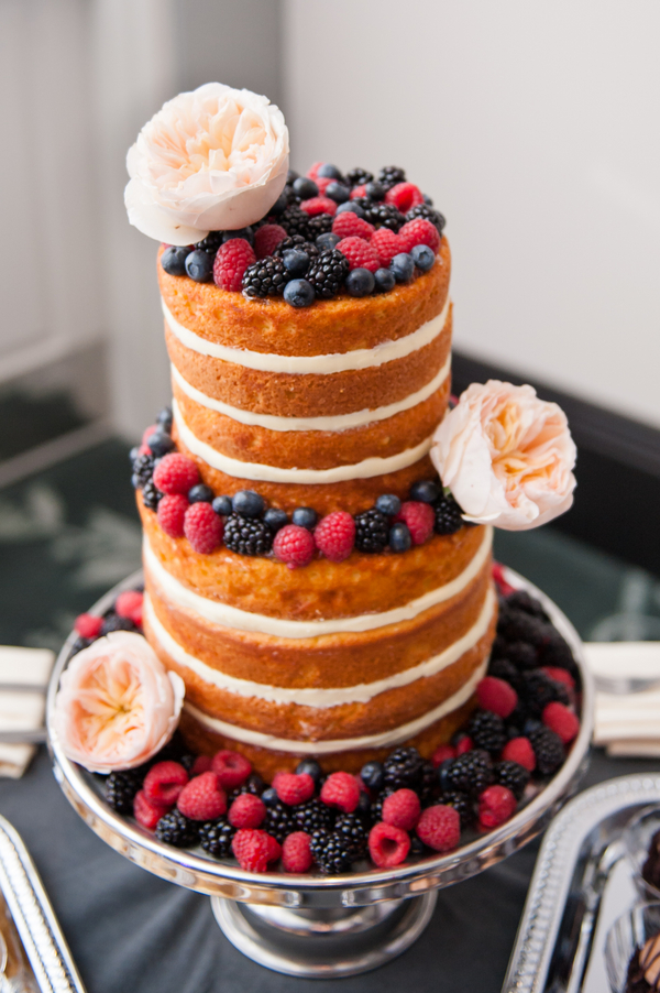 Round Naked Wedding Cake with Fresh Raspberries and Blackberries and Blush Pink Peonies | Tampa Wedding Cake Baker Trudy Melissa Cakes