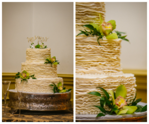 Three Tiered Round Buttercream Wedding Cake with Green and Gold Lilies