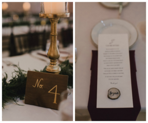 Wedding Reception Wooden Table Number with Gold Writing and Plum Colored Table Napkin Linen with White Menu and Personalized Place Card