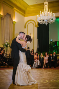 Bride and Groom First Dance Wedding Day Portrait at Tampa Wedding Reception Venue Palma Ceia Golf and Country Club | Martina Liana Ivory Satin Wedding Gown