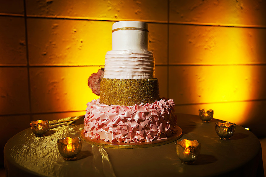 Four-Tiered White Gold and Blush Wedding Cake with Blush Pink Ruffled Detail and Unique Accents |St. Pete Wedding Cake Baker Olympia Catering| St. Pete Wedding Photographer Limelight Photography