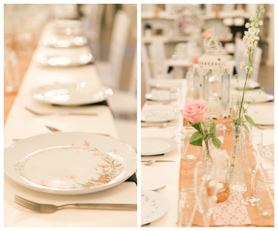 Rustic Wedding Reception Decor in Soft Pink and Ivory with Vintage China and Burlap Table Runners
