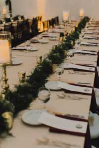 Tampa Wedding Reception Table Decor with Garland Centerpiece Table Runner, and Candles with Gold Stands | Tampa Wedding Planner Blush by Brandee Gaar