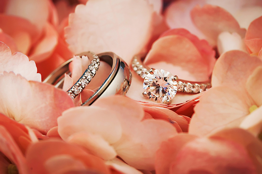 Diamond Engagement and Wedding Ring Portrait on Blush Flower Petals | St. Pete Wedding Photographer Limelight Photography