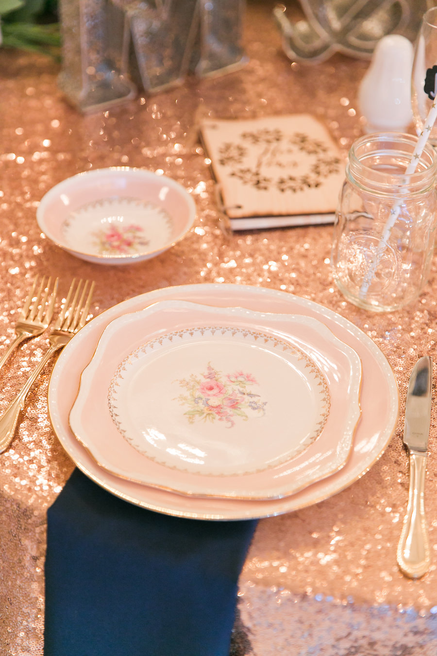 Blush Pink and Rose Gold Wedding Reception Place Settings with Vintage China on Rose Gold Sequin Tablecloth