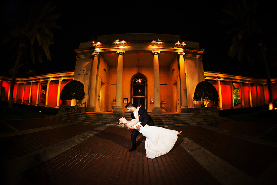 Nighttime Outdoor Wedding Portrait of Bride and Groom at Museum of Fine Arts | St. Pete Wedding Photographer Limelight Photography