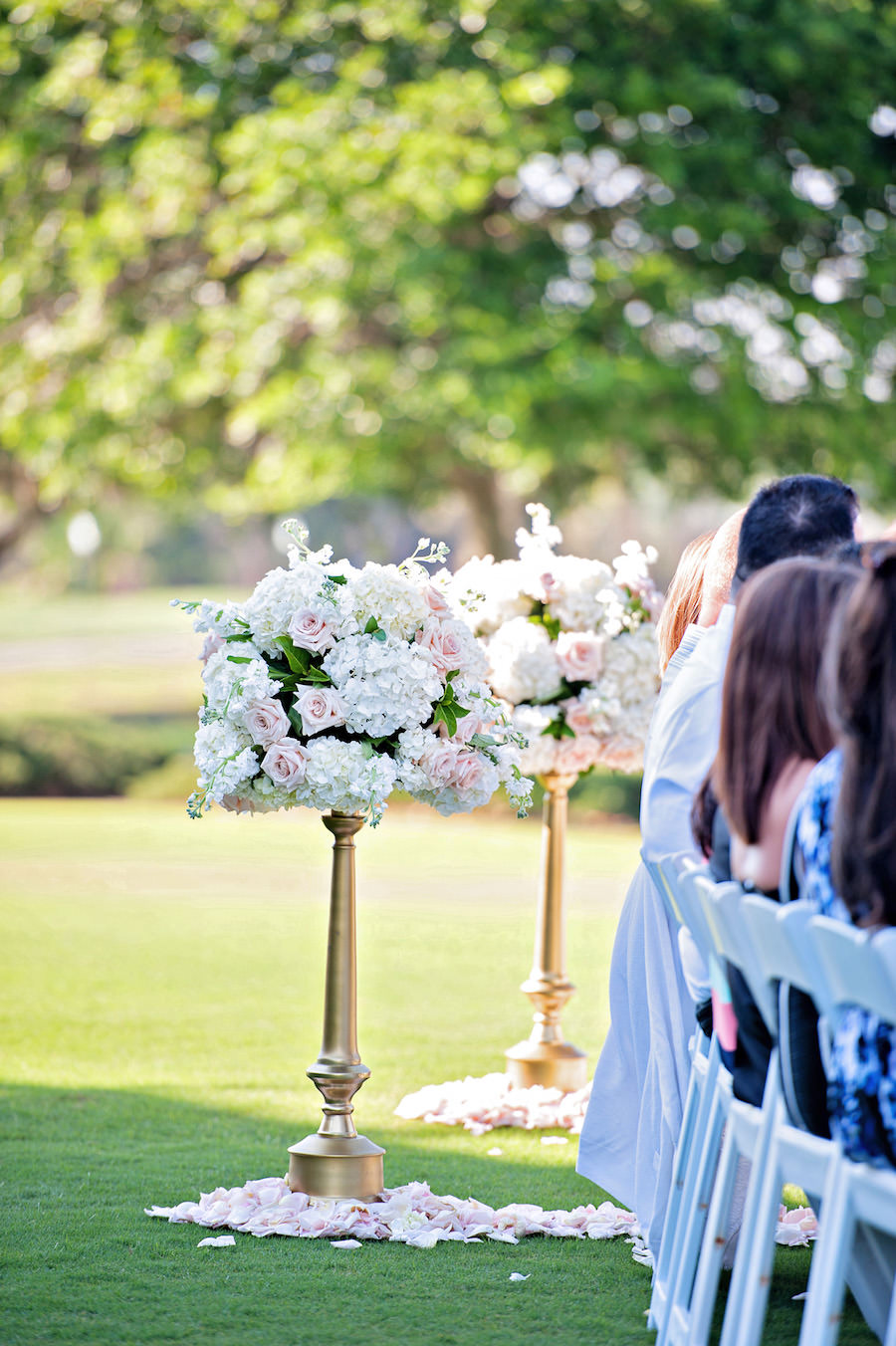 Tall White Hydrangea and Blush Pink Rose Outdoor Wedding Ceremony Flowers in Gold Vase