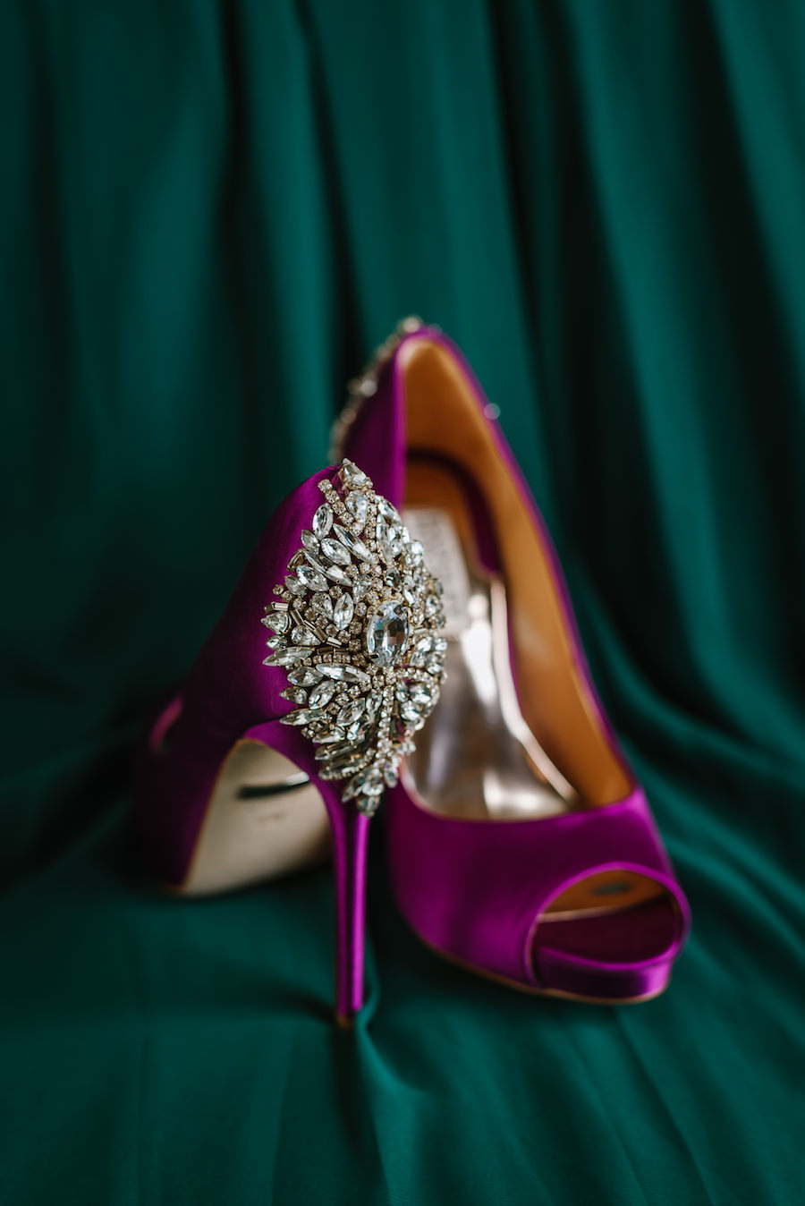 Purple, Fuchsia Open-Toe Satin Wedding Shoe with Rhinestone Brooch | Badgley Mischka Kiara Wedding Shoe