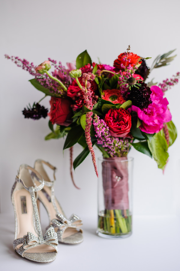 Bright Pink and Red Wedding Bouquet with Open Toed Silver Rhinestone Wedding Shoes