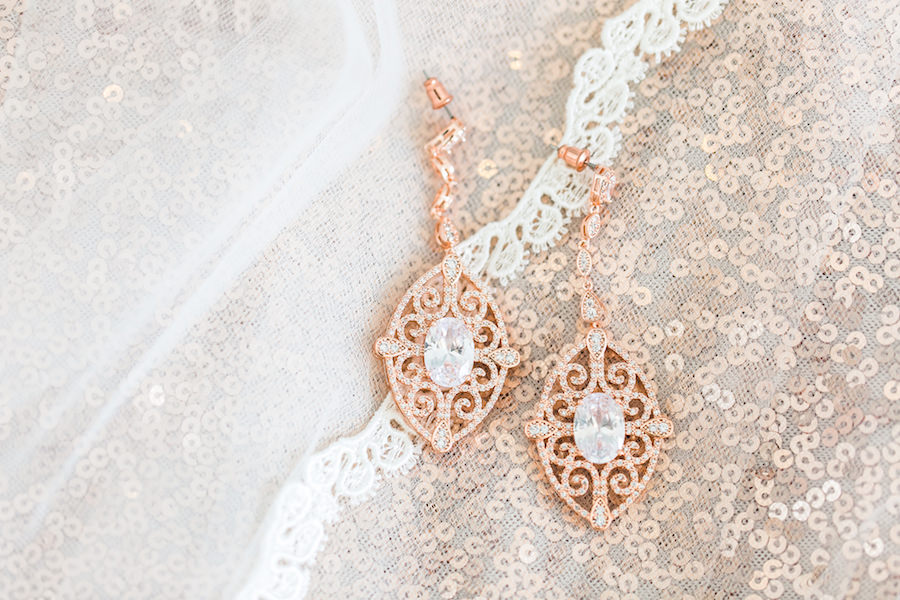 Bridal Jewelry: Rose Gold Diamond Earrings with Wedding Veil