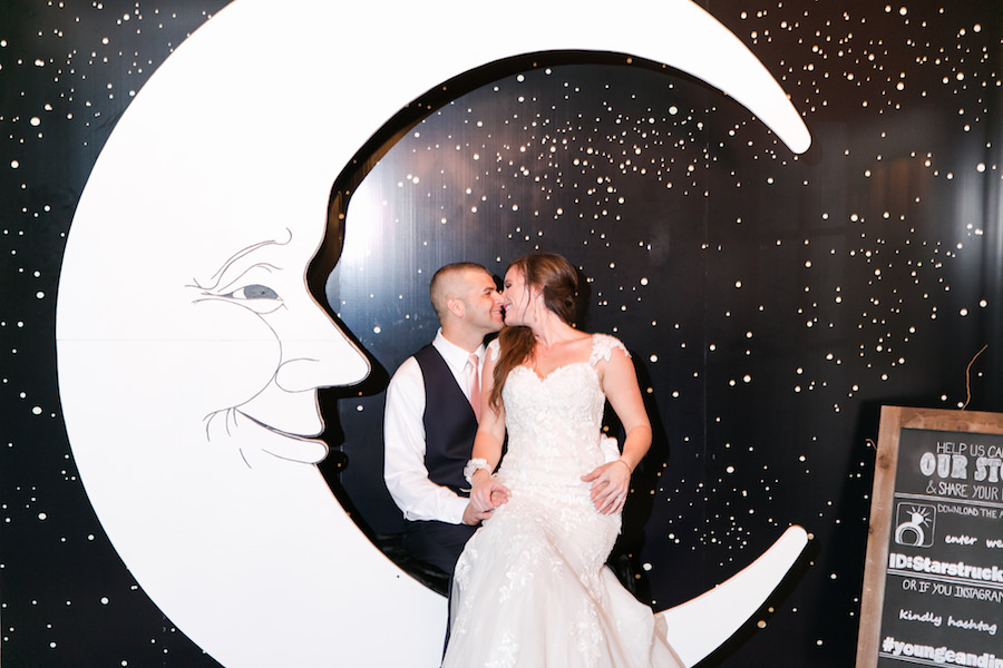 To The Moon and Back Wedding Theme | Bride and Groom Wedding Portrait | Brides by Demetrios Ivory Lace Wedding Gown
