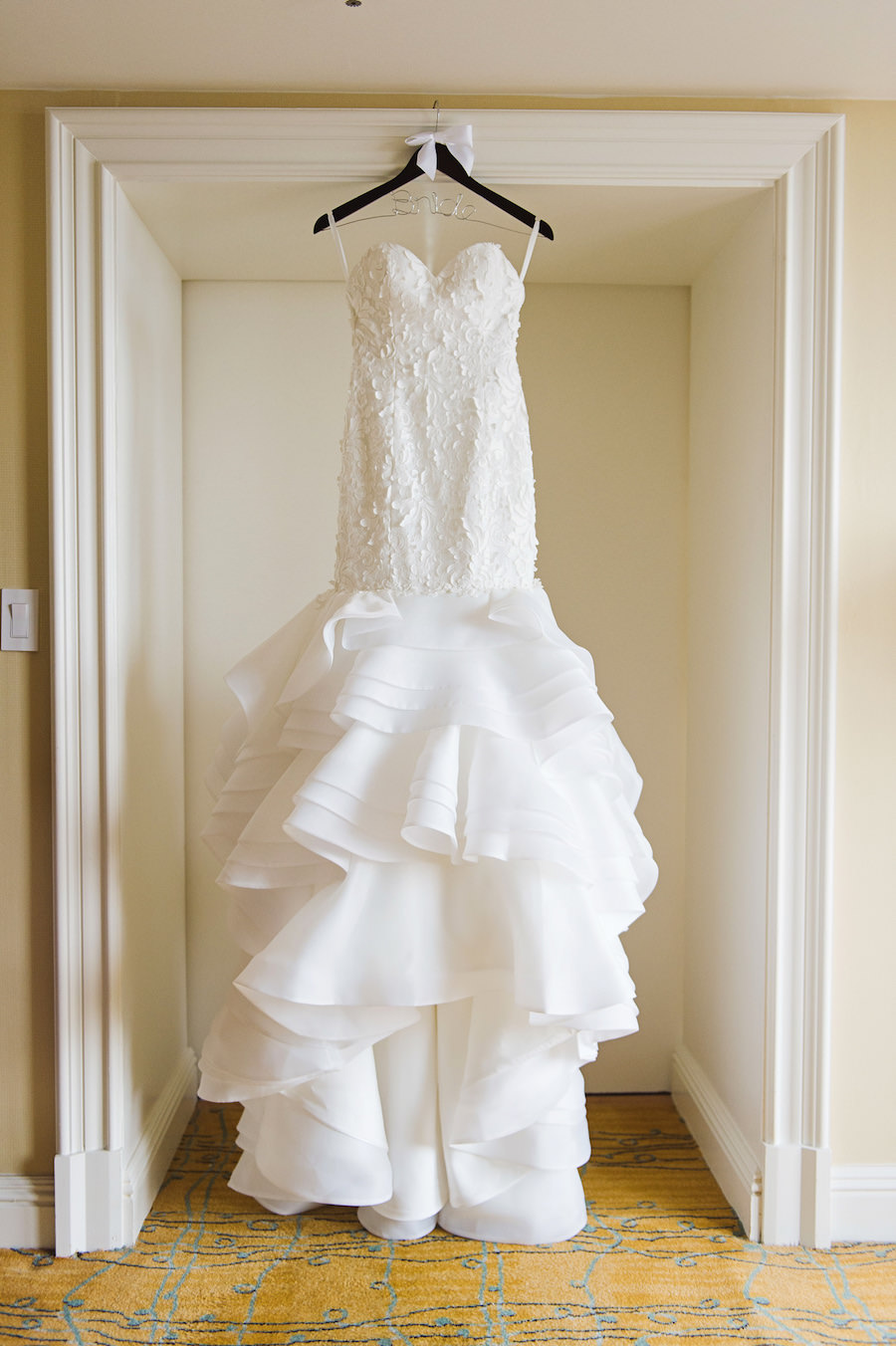 White, Strapless Lace Lis Simon Wedding Dress with Layered Organza Skirt