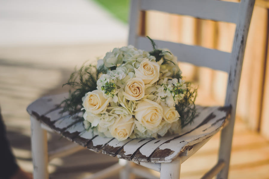 Peach and Ivory Wedding Bouquet of Roses on Rustic Chair