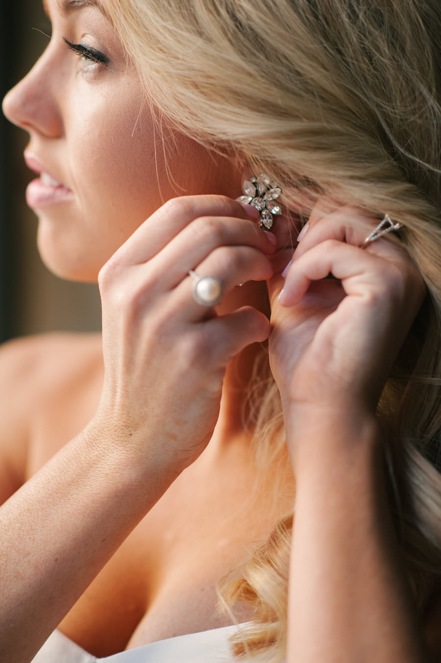 Bride Getting Ready on Wedding Day | Crystal, Rhinestone Diamond Bridal Earrings Jewelry | Tampa Hair and Makeup Artist Michele Renee The Studio