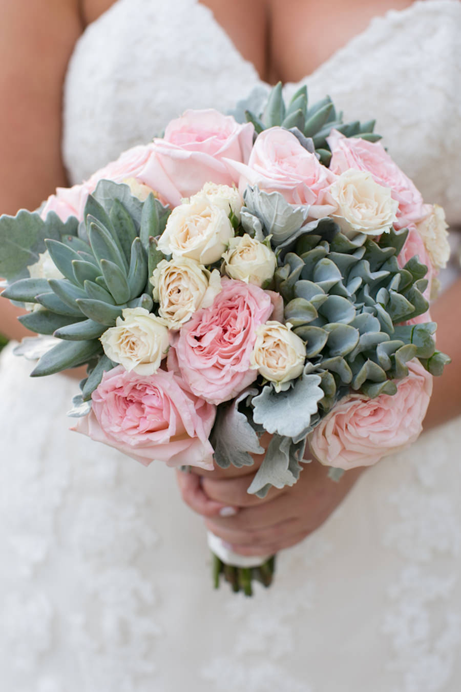 Blush Pink and Ivory Rose Wedding Bouquet with Greenery Succulents