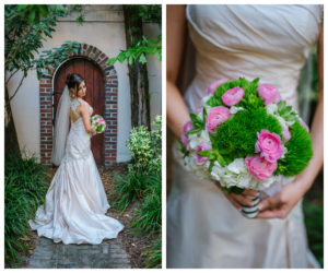 Bridal Wedding Portrait in Ivory Satin Martina Liana Wedding Dress with White and Pink Floral Wedding Bouquet with Greenery | South Tampa Wedding Florist Apple Blossoms Floral Designs