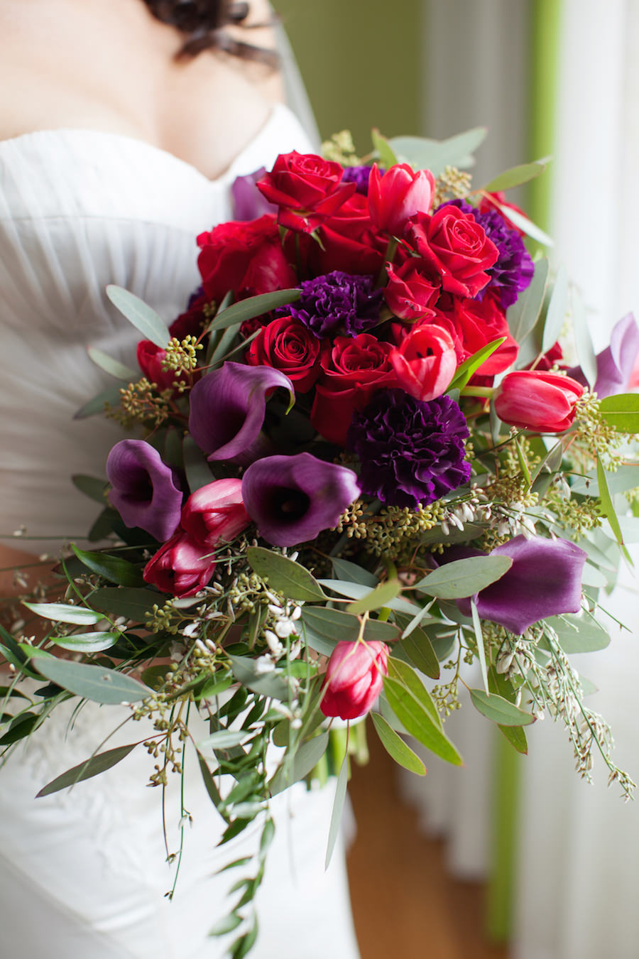 Red and Purple Wedding Bouquet with Greenery