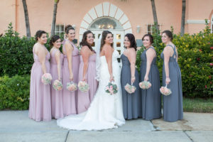 Pink/Purple and Grey Alfred Angelo Bridesmaids Dress with Blush Pink and Baby's Breath Wedding Bouquet Bridal Party Portrait | St. Petersburg Wedding Photographer Carrie Wildes Photography