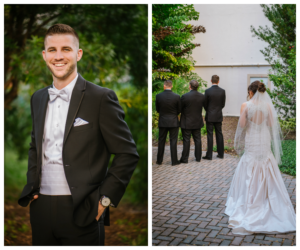 Tampa Bride First Look Wedding Portrait | Martina Liana Ivory Satin Wedding Dress | Black Tuxedo with Silver Cummerbund