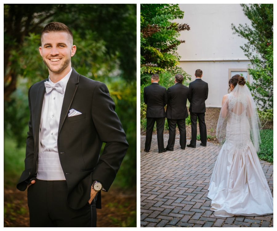 Tampa Bride First Look Wedding Portrait | Martina Liana Ivory Satin Wedding Dress | Black Tuxedo with Silver Cummerbund