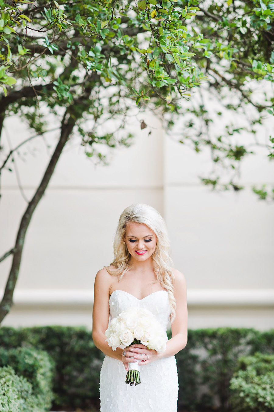 Outdoor, Bridal Portrait with Strapless Lis Simon Wedding Dress and White Floral Bridal Bouquet | Tampa Wedding Photographer Marc Edwards Photographs