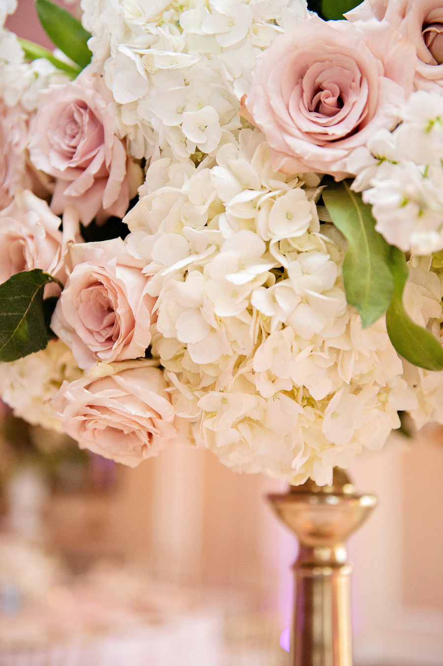 Tall White Hydrangea and Blush Pink Rose Wedding Centerpiece Flowers in Gold Vase