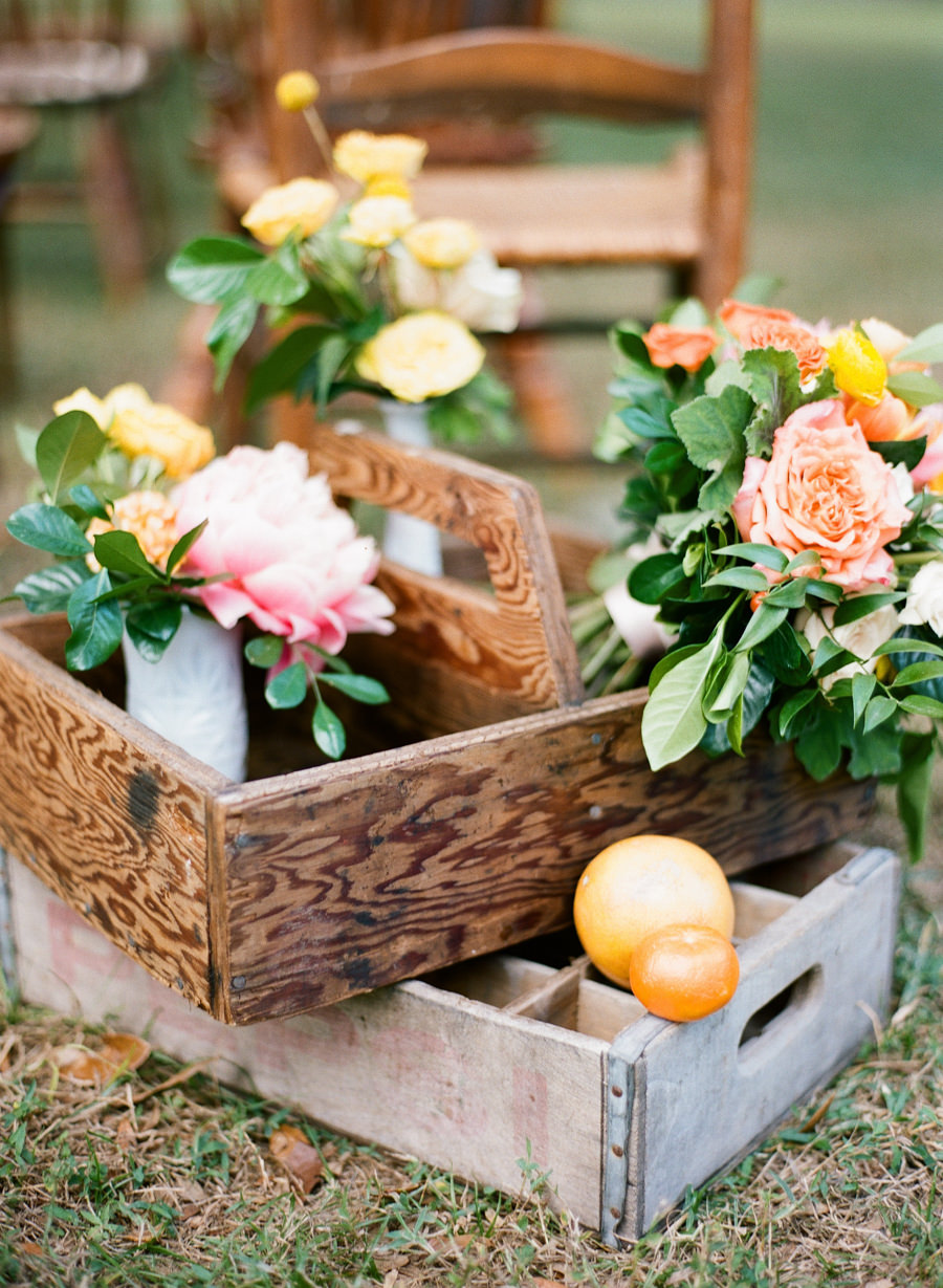 Orange, Yellow and Pink Wedding Flowers in Vintage Milk Crates | Florida Inspired Citrus Styled Wedding
