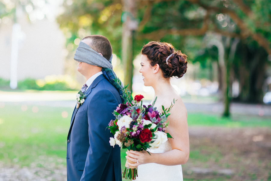 Bride and Groom Blindfolded First Look on Wedding Day | St. Petersburg Wedding Photography Rad Red Creative