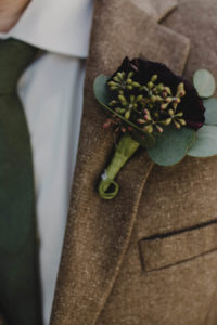 Groom's Plum Flower Wedding Boutonniere and Tan Tweed Groom's Suit